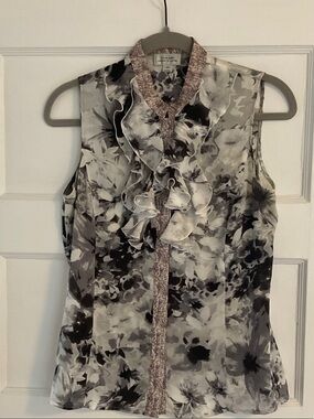 Tahari ASL Black & White Floral Ruffle Tie-Neck Sleeveless Top XS